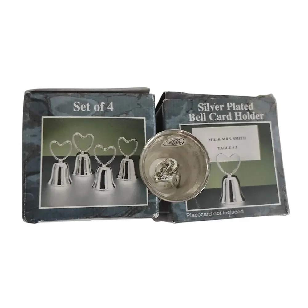 Set of 12 LaVie Silver Plated Bells Hearts Placecard Holders Holidays Christmas